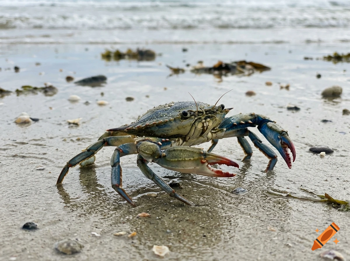 Photorealistic image of a blue crab on a wet sandy beach near the ocean shore.