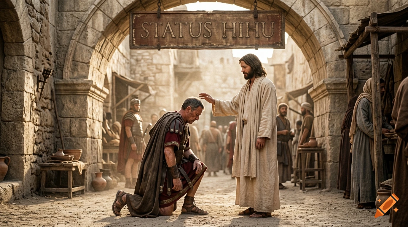 Cinematic historical scene of a Roman soldier kneeling to receive a blessing from Jesus Christ under an archway with a sign.