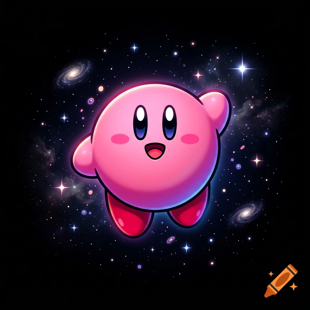 Digital illustration of Kirby floating in outer space surrounded by stars, nebulae, and distant galaxies against a black background.
