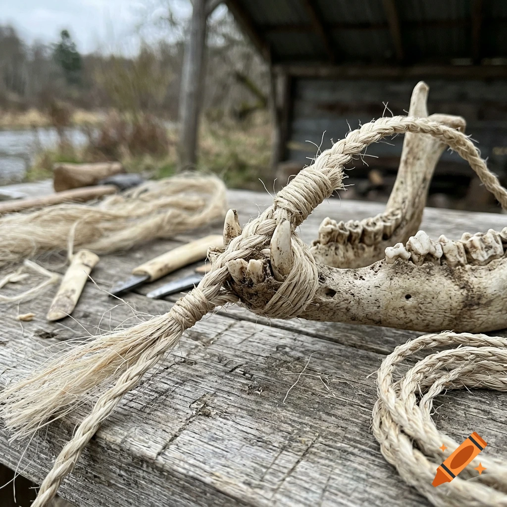 Close-up of a rustic animal jawbone and braided flax fishing line on a weathered wooden table outdoors.