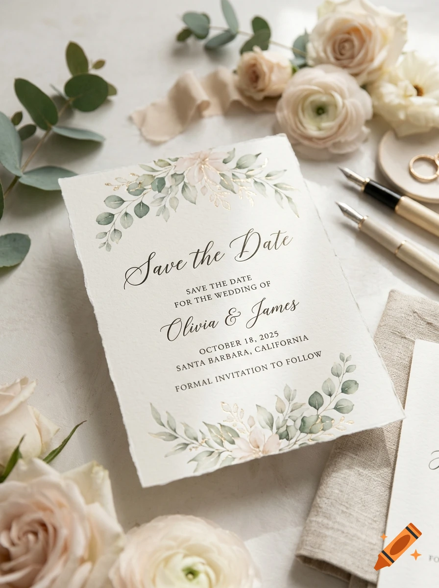 Save the date wedding invitation card with eucalyptus leaves and floral accents, surrounded by roses and pens.