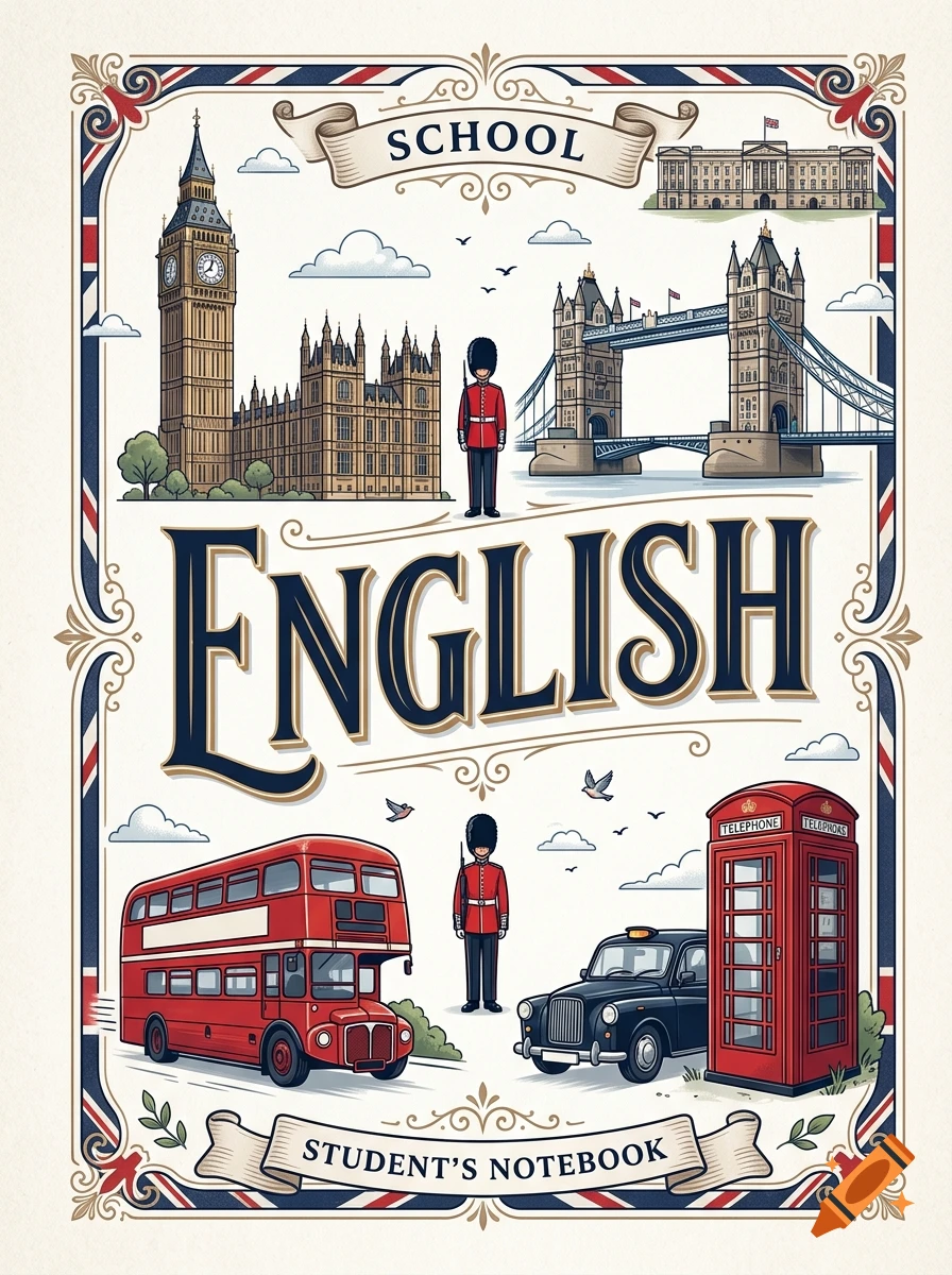An illustrated cover for an English student notebook featuring iconic London landmarks including Big Ben, Tower Bridge, a double-decker bus, a black cab, a red telephone box, and King's Guard soldiers.