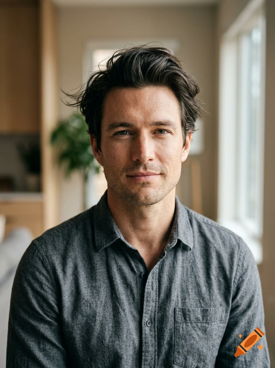 Close-up portrait of a man with dark hair and a gray button-down shirt.