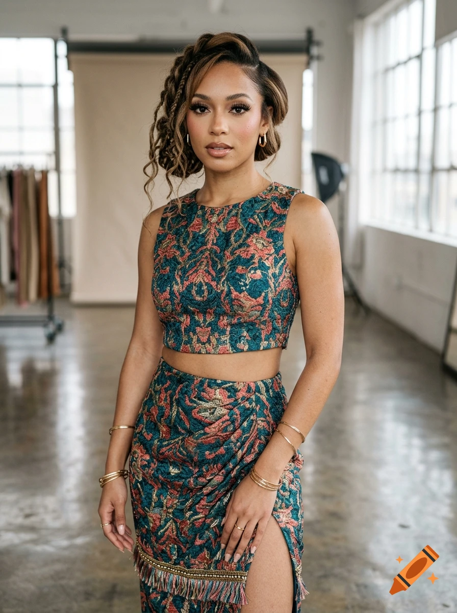 Photorealistic portrait of a young woman with braided updo and heavy makeup wearing a teal and pink patterned crop top and matching skirt with a slit.