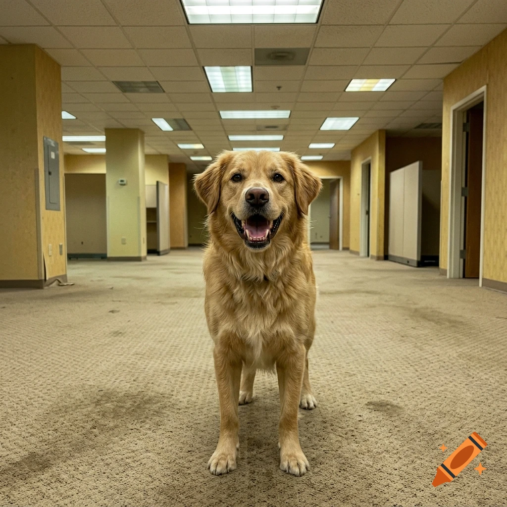 A smiling golden retriever standing in a desolate, commercial office hallway with beige walls and drop ceiling.