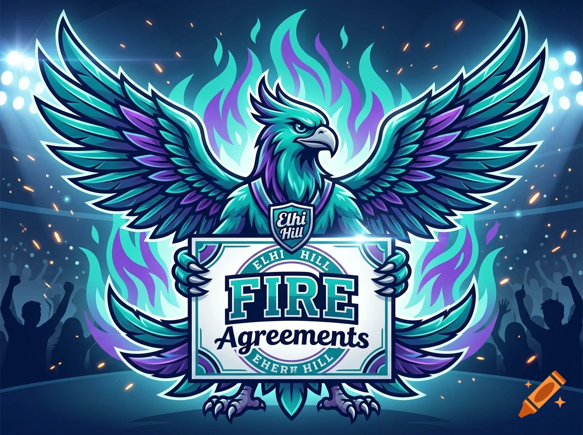 Teal and purple phoenix mascot holding a poster with text, surrounded by flames in a stadium.