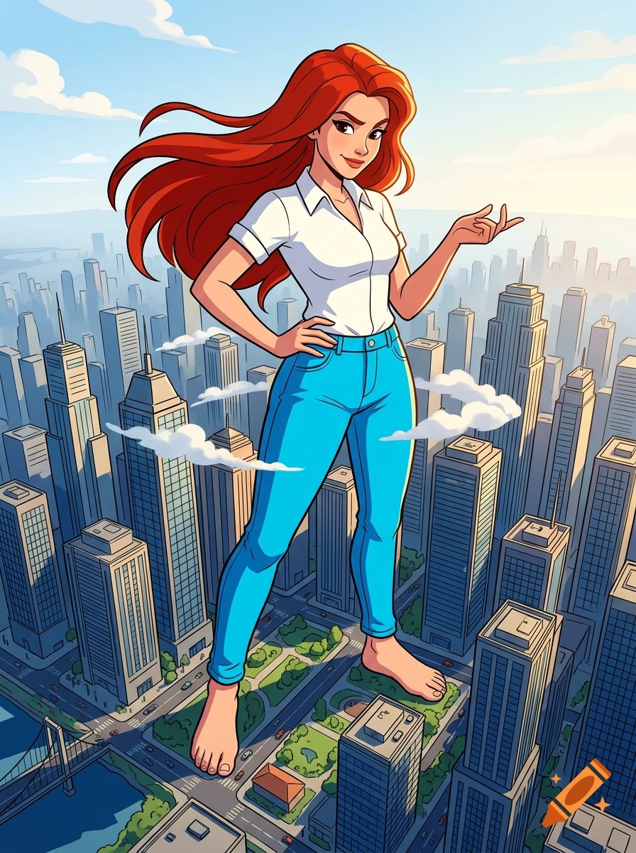 2D cartoon illustration of a giant woman with red hair standing over a city of skyscrapers.
