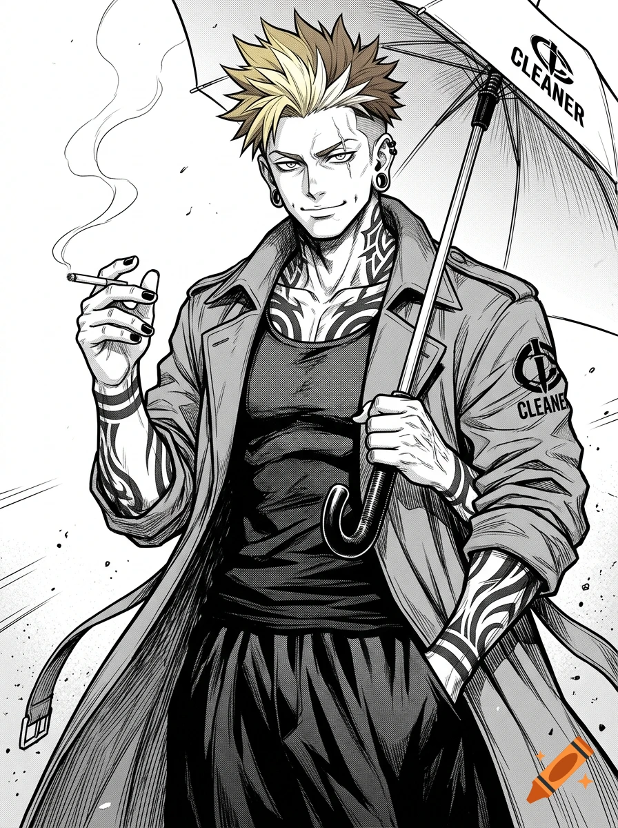 Black and white manga style illustration of a charismatic man with spiky blond and brown hair, tattoos, holding a cigarette and umbrella.
