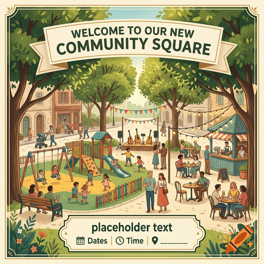 Illustrated community square park with a playground, outdoor seating, trees, and a welcome banner.