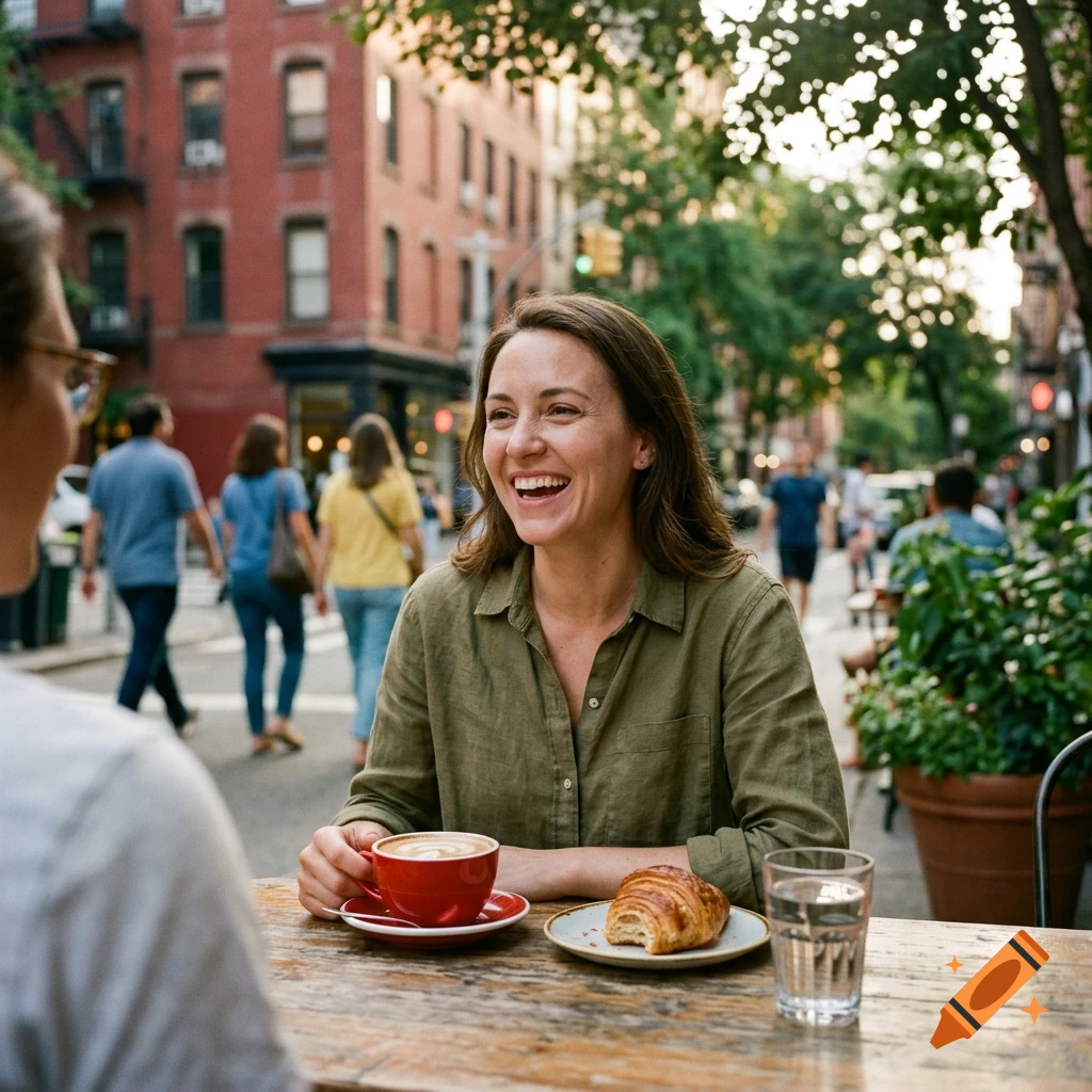 A woman laughing and holding a red coffee mug at an outdoor table in a city street.