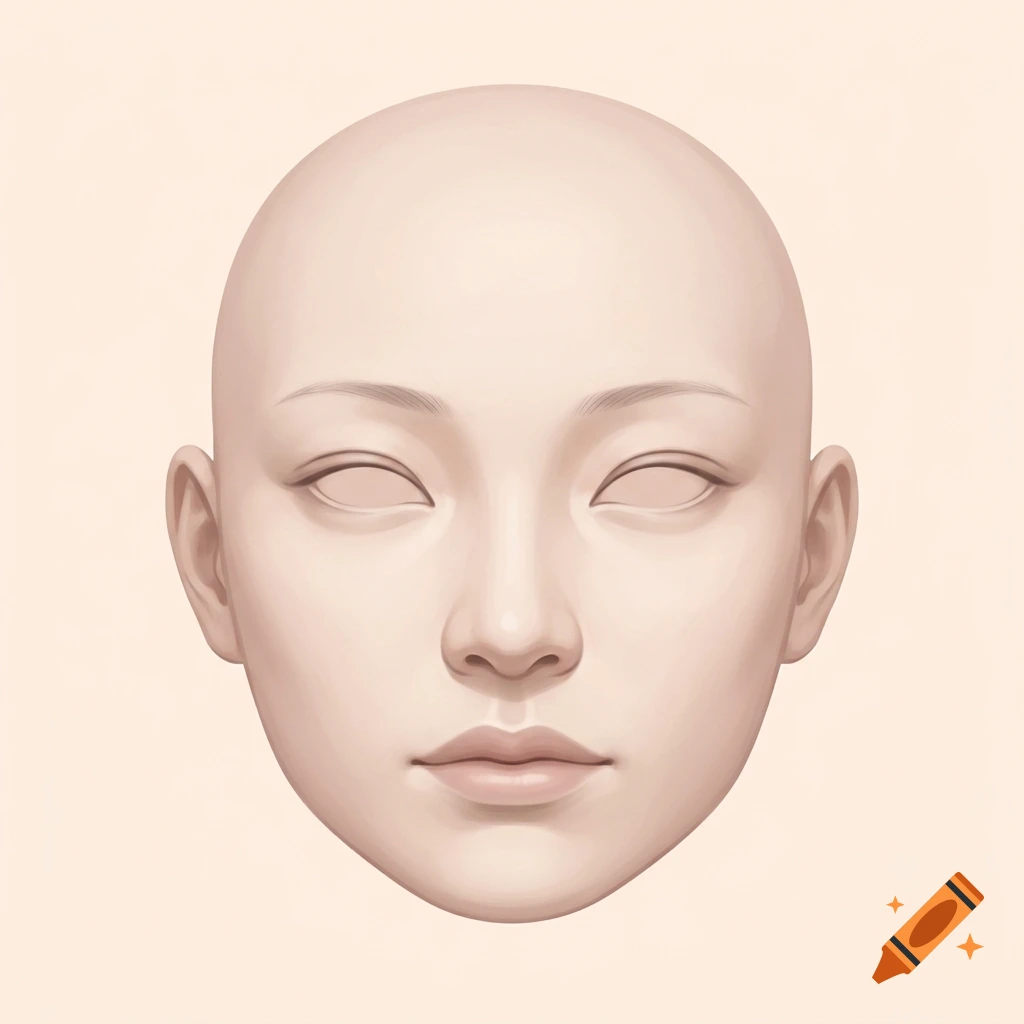Digital 2D flat texture map of a neutral Asian female face with pale porcelain skin and bald head in a video game style.