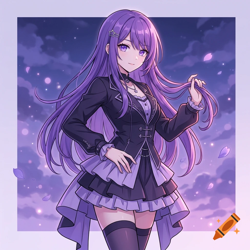 Anime girl with long purple hair and purple eyes posing in a dark gothic outfit against a night sky background with cherry blossom petals.
