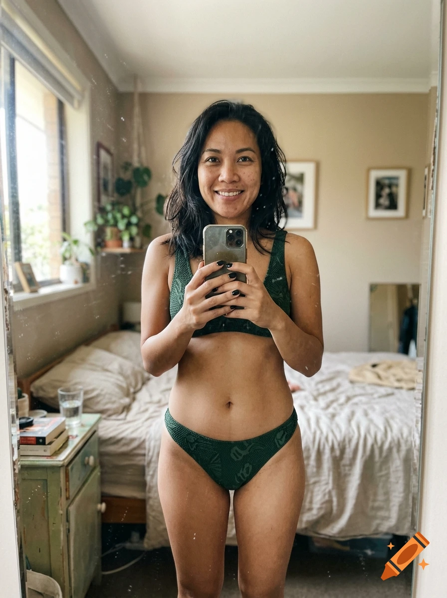 Photorealistic mirror selfie of a smiling young woman in a green bikini in a cozy bedroom.