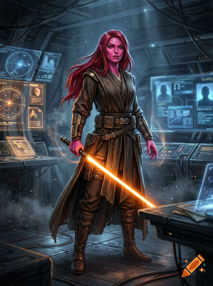 Digital illustration of a tall, athletic woman with magenta skin and red hair, wearing Jedi robes and holding an orange lightsaber in a spaceship control room.