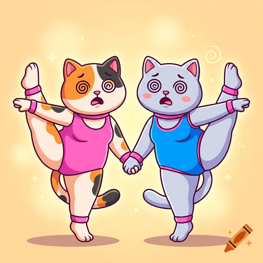 Two cartoon cats in pink and blue leotards with spiral eyes balancing on one leg in a flat cel-shaded style.