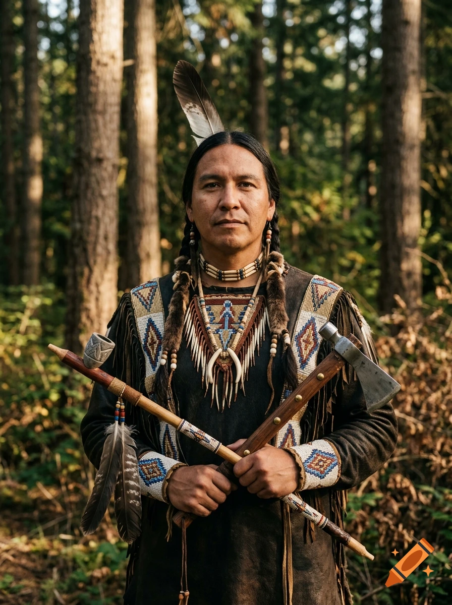 Photorealistic portrait of a Native American man holding a peace pipe and a tomahawk in a forest.