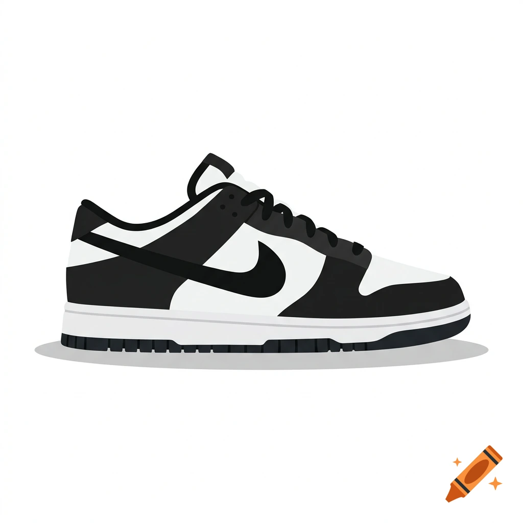Vector flat design of a black and white Nike Dunk Low sneaker on a white background.
