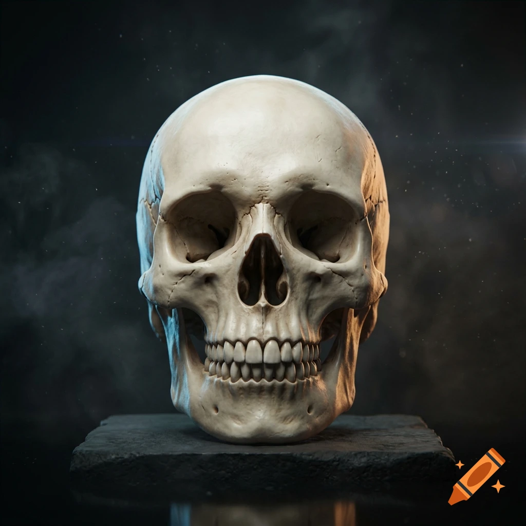 3D photorealistic human skull resting on a dark stone pedestal against a smoky background.