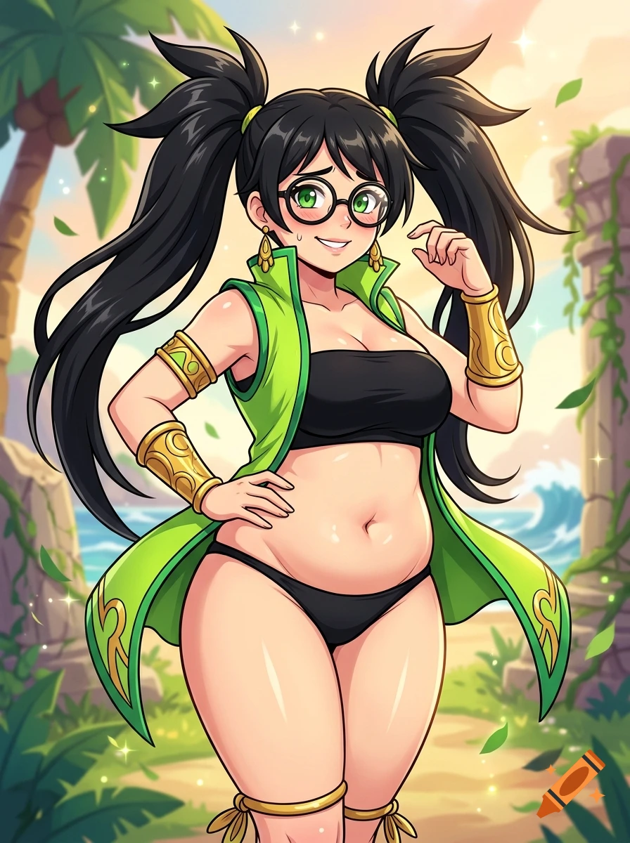 Anime art of a woman with black spiky pigtails, glasses, a chubby belly, and a green vest against a tropical backdrop.