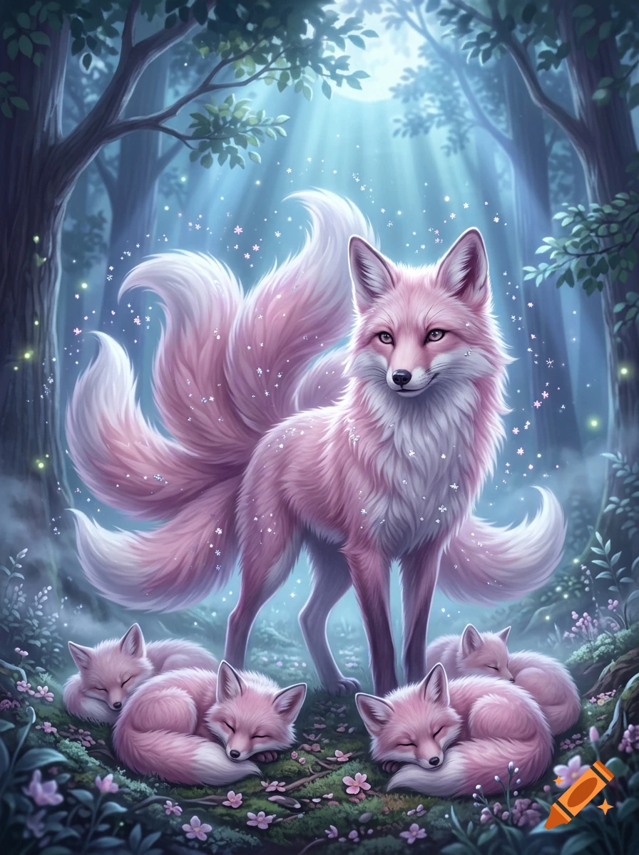 A mystical multi-tailed pink and white fox stands in an enchanted forest with smaller sleeping foxes at its feet under glowing light.
