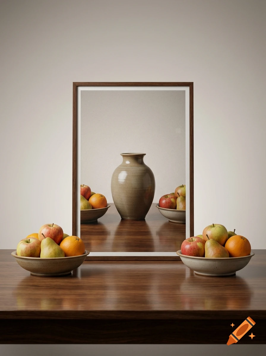 Symmetrical still life photograph featuring a centered poster on a wooden table, flanked by bowls of fruit with a ceramic vase inside the frame.