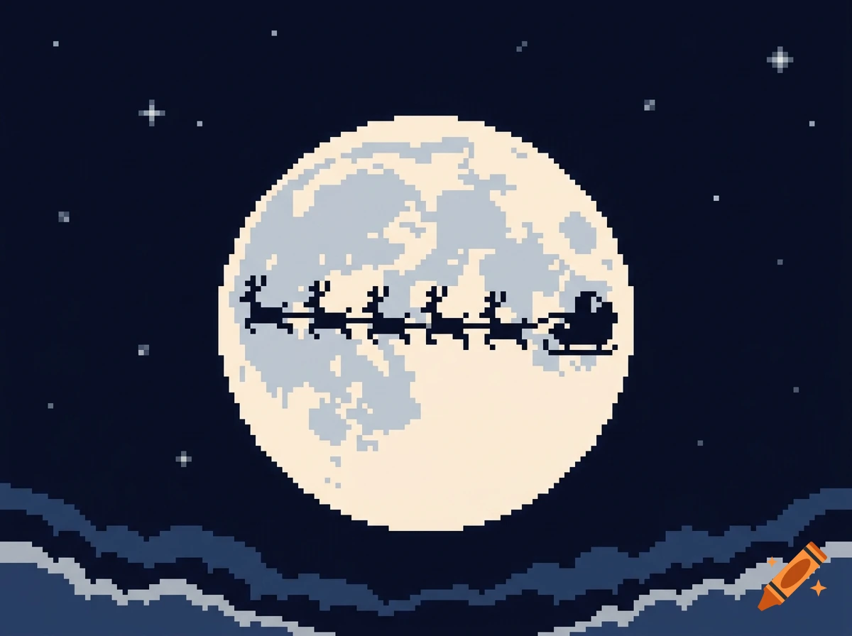 Pixel art of Santa's sleigh and reindeer silhouetted against a large full moon at night.