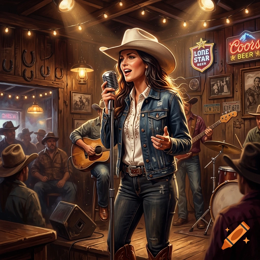 Digital art of a stylish woman in a cowboy hat singing country music in a lively wooden bar with a band.