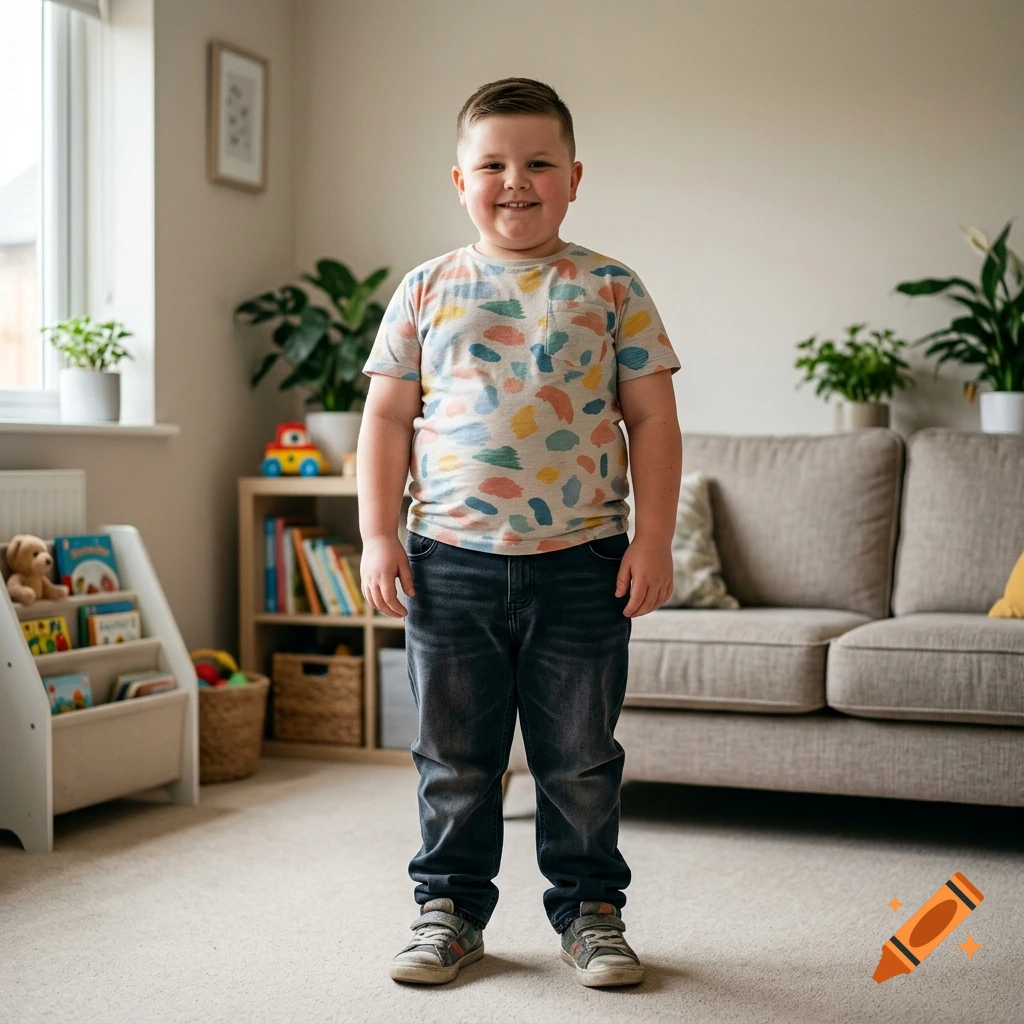A young boy smiling while standing in a living room with plants and a sofa in the background, photorealistic.