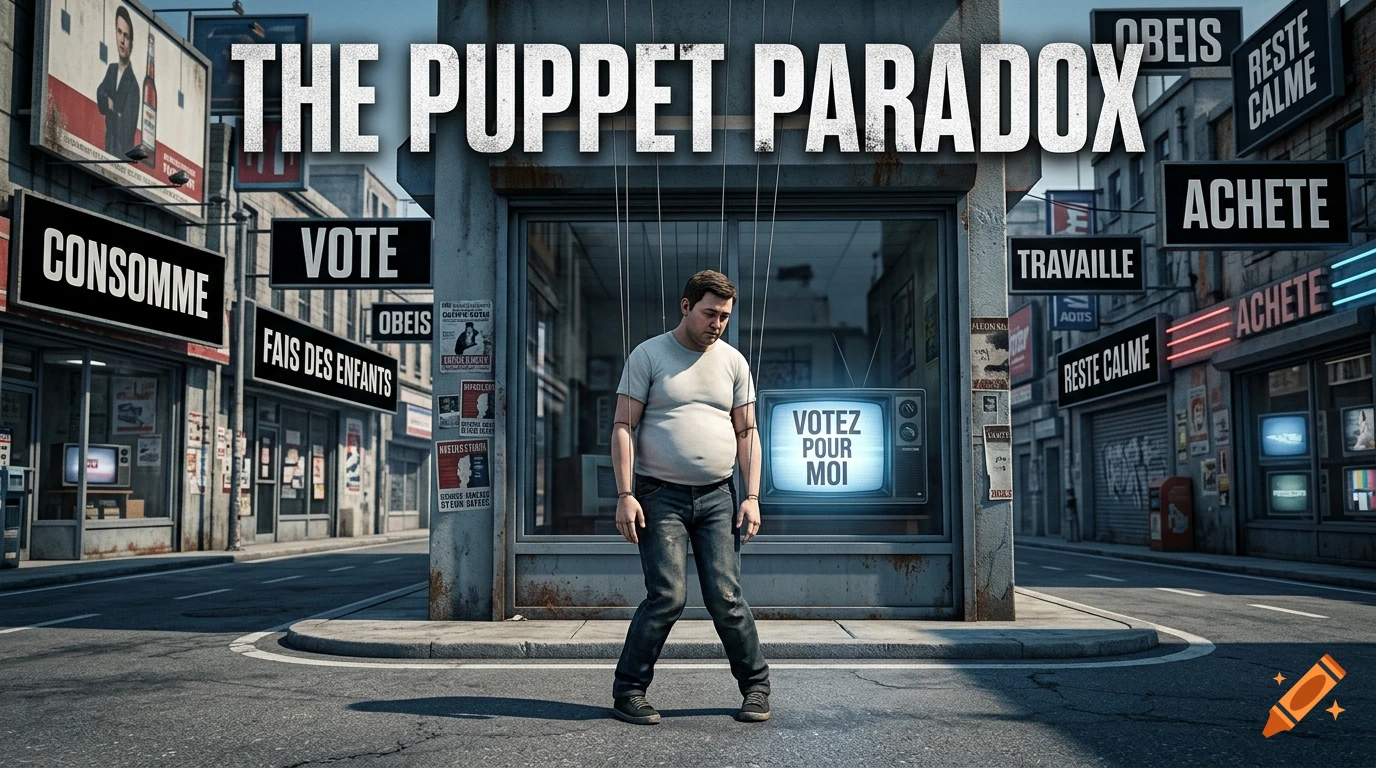 Photorealistic conceptual film poster of a man hanging like a puppet with strings attached to his hands and head, standing in a dystopian street.