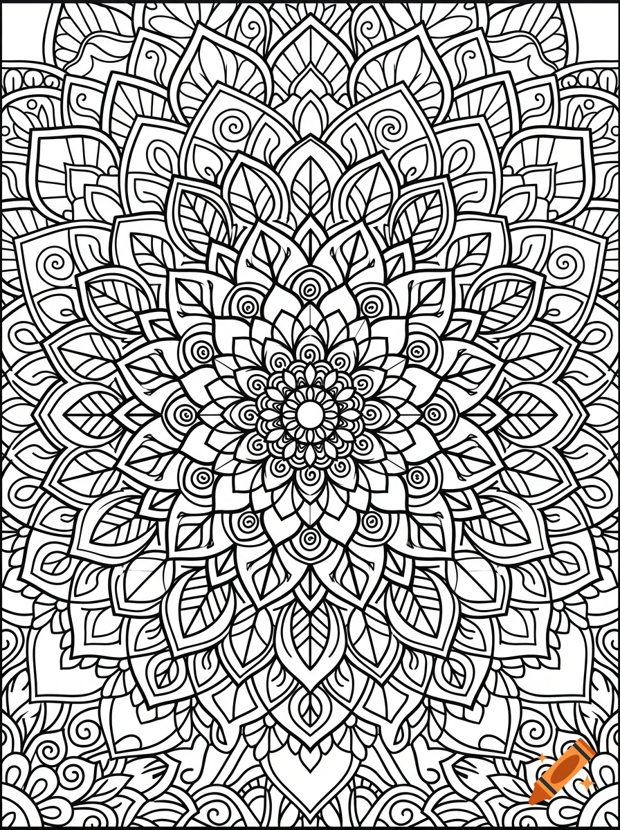 Complex mandala coloring page with thick outlines and floral patterns in black and white line art.