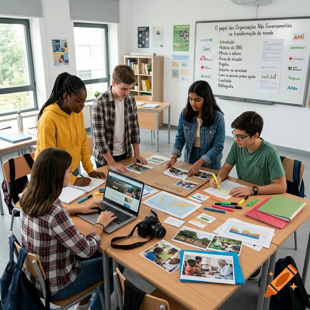Four diverse students collaborating around a table in a bright classroom, working on a school project with laptops and posters.