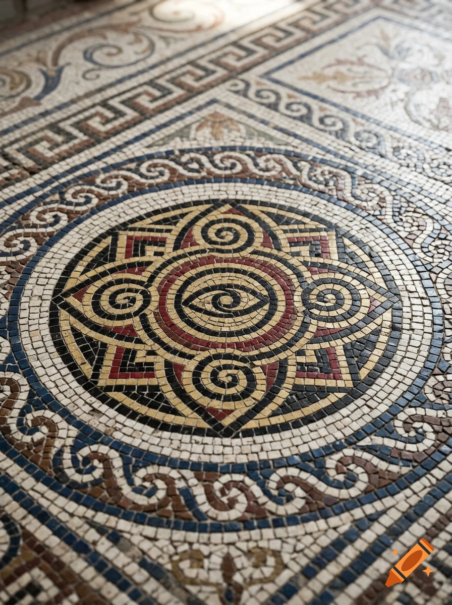 Close-up of an intricate antique mosaic floor featuring geometric patterns, spirals, and an eye symbol in the center, photorealistic style.