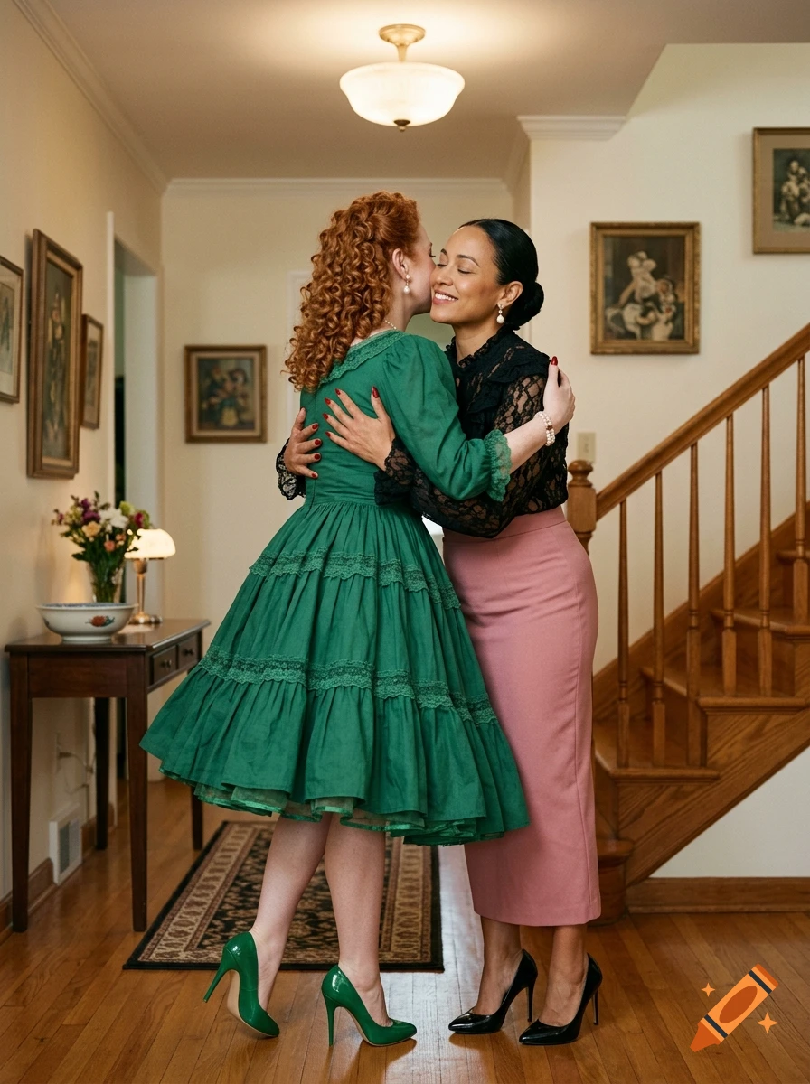 Two women embracing in a home foyer, one wearing a green retro dress and the other a pink pencil skirt and black lace top.
