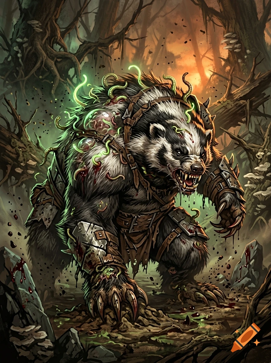 Pathfinder style fantasy artwork of a giant, infected badger with glowing alien worms and armor in a dark forest.