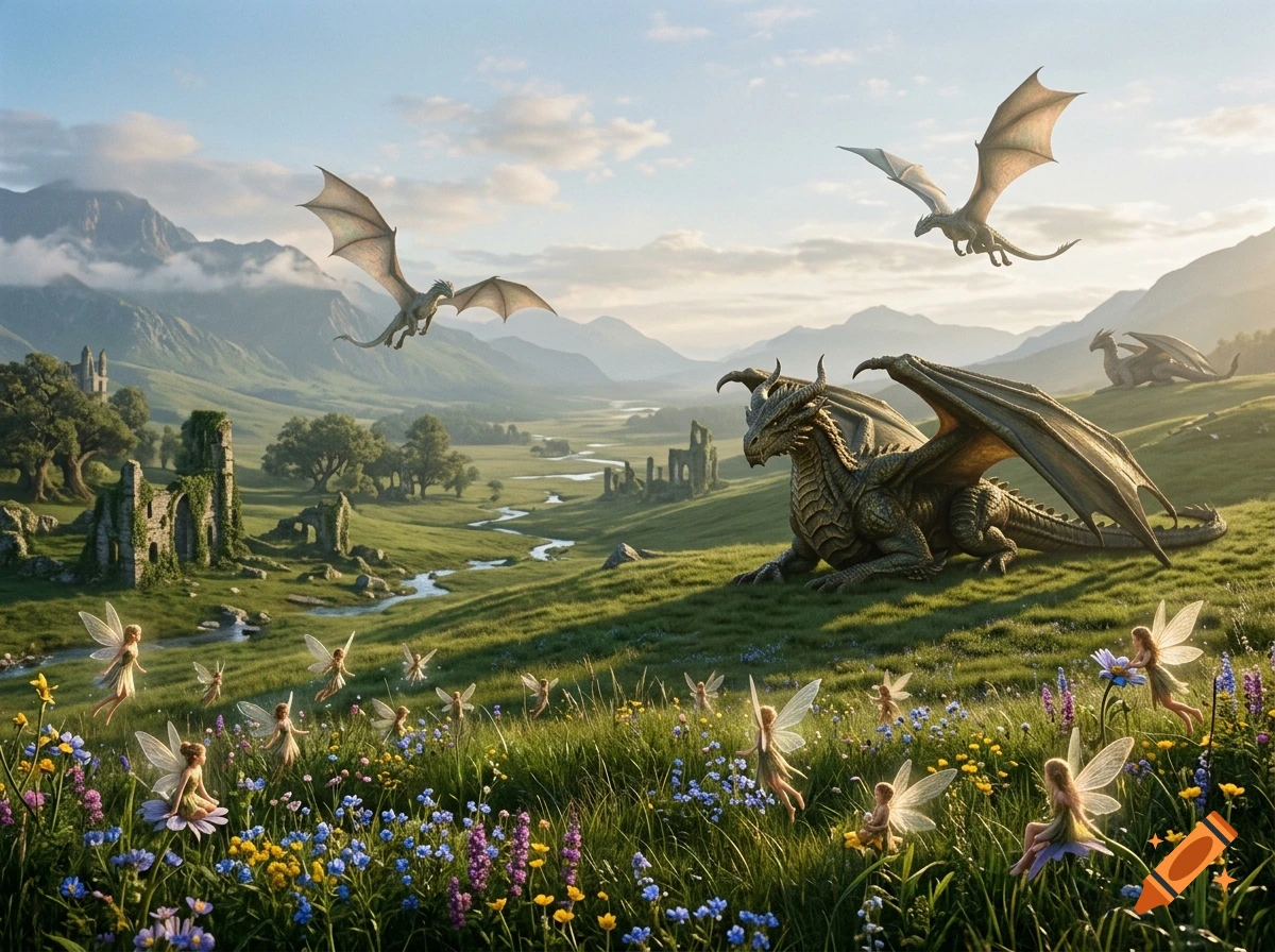 A photorealistic fantasy landscape with rolling green hills, a winding river, ruins, flying dragons, a large resting dragon, and many small fairies in the foreground.