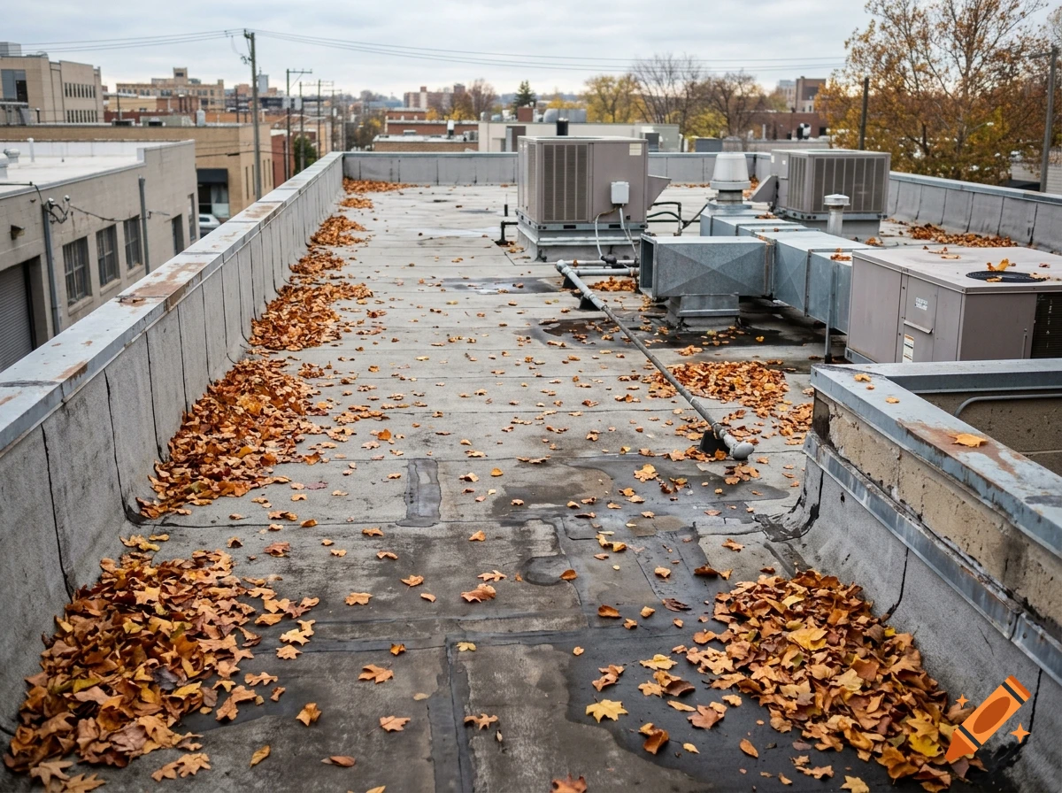 Photorealistic view of a commercial flat roof covered in autumn leaves, with HVAC units and city skyline in the background.