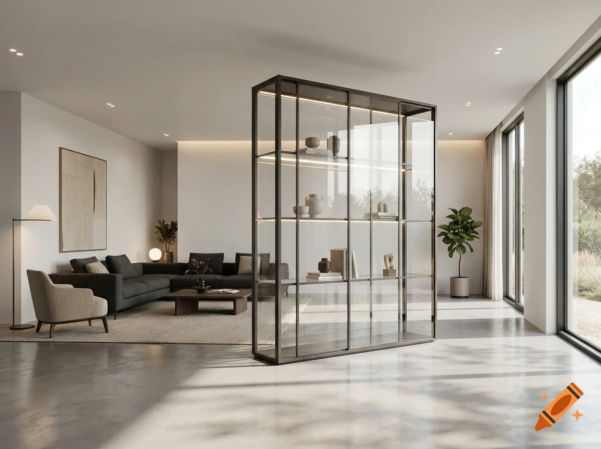 A modern minimalist living room featuring a large glass partition shelf in the center, a dark sectional sofa, a neutral armchair, and soft natural lighting from large windows.