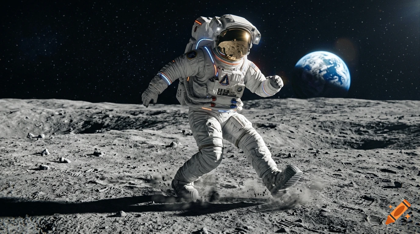 Photorealistic image of an astronaut dancing on the Moon's surface with Earth visible in the background space.