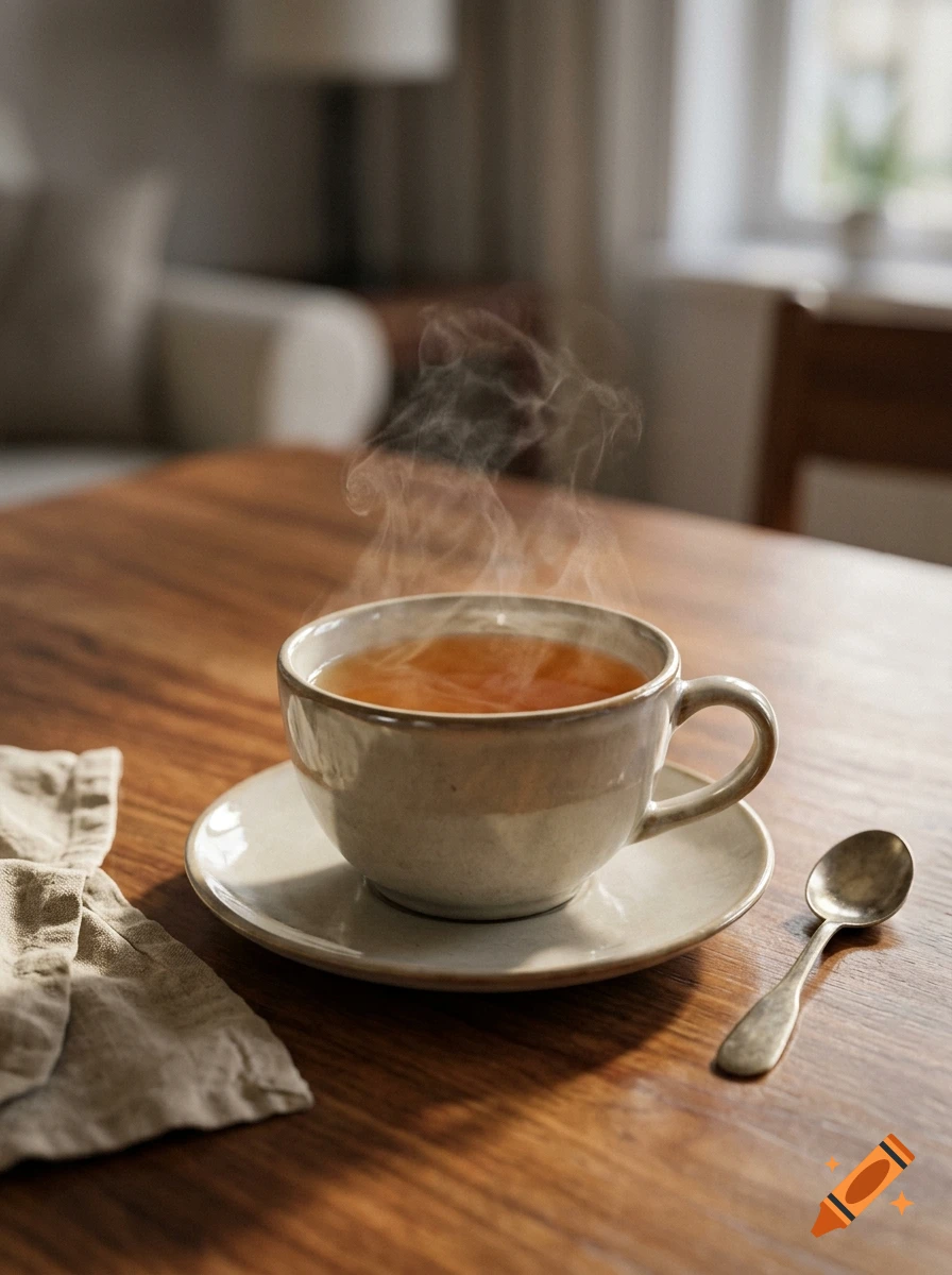 Photorealistic shot of a steaming ceramic cup of tea on a wooden table next to a saucer, spoon, and napkin.