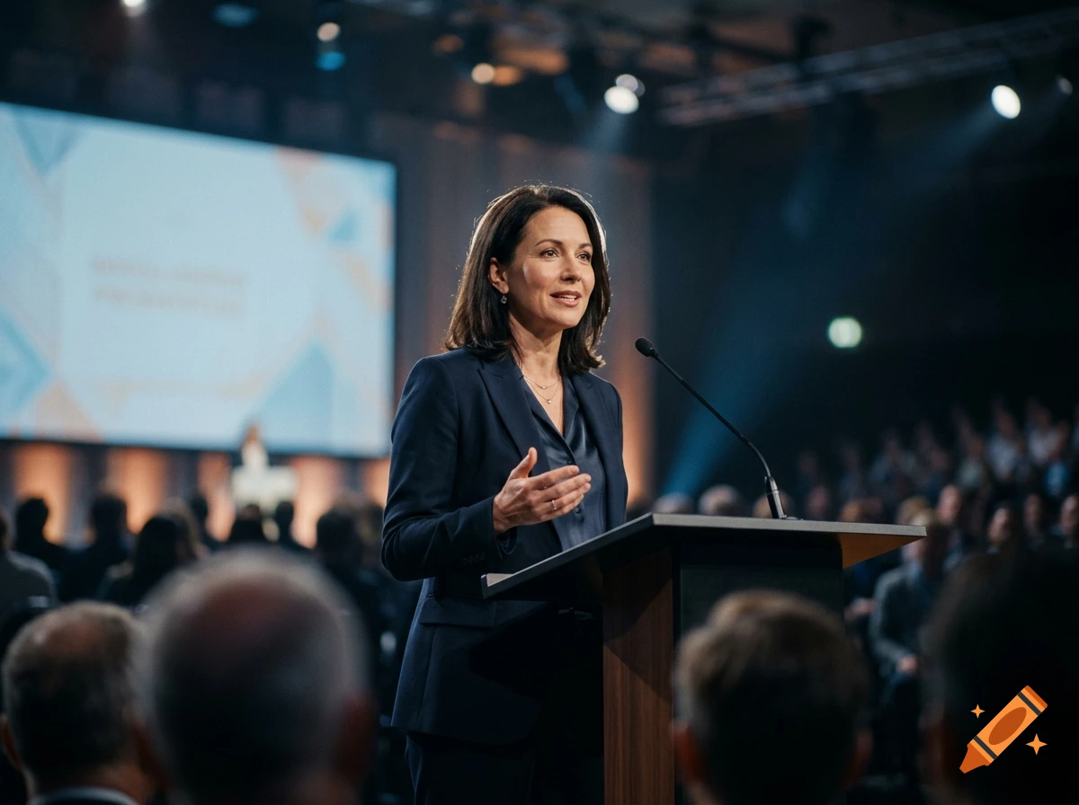 A woman speaking at a podium on a stage in front of an audience, photorealistic.