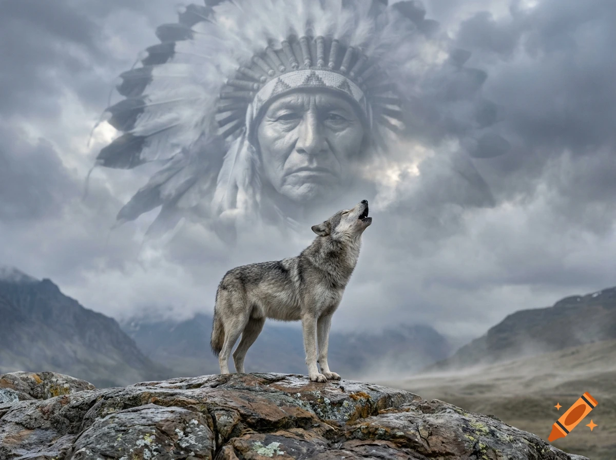 Photorealistic image of a wolf howling on a rocky outcrop under a cloudy sky, with the ghostly face of a Native American chief in the clouds above.