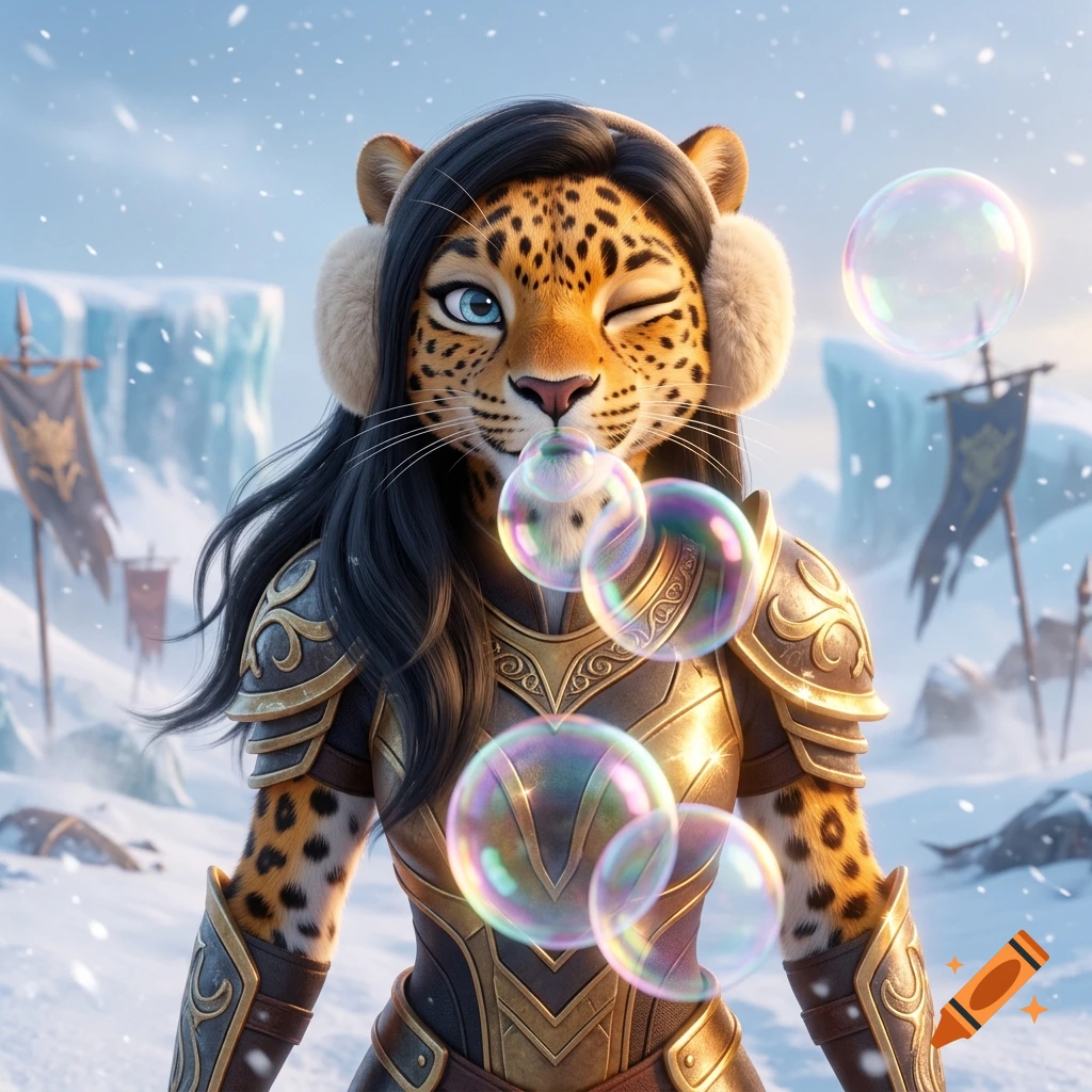 A stylized leopard anthro character in gold battle armor with dark hair and earmuffs, blowing soap bubbles on a snowy battlefield.