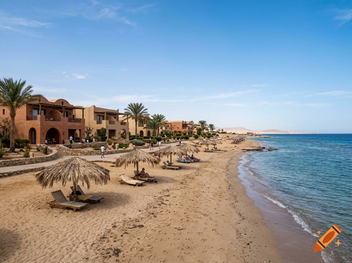 Photorealistic view of a sandy beach resort with palm trees and buildings along a clear blue sea under a blue sky.