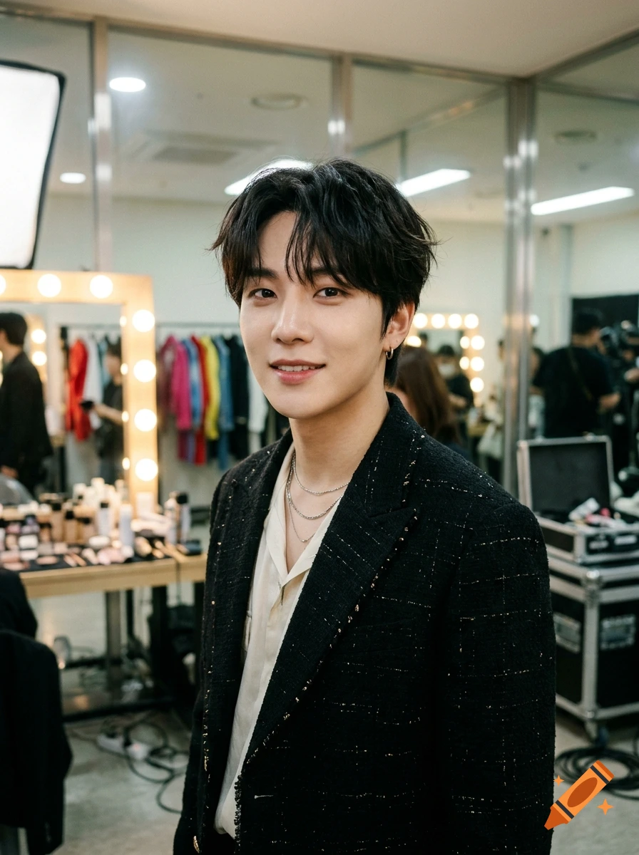 Close-up portrait of a young man with dark hair in a backstage dressing room.