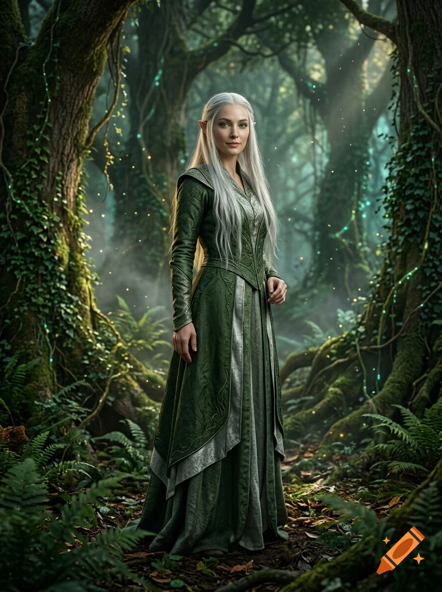 Photorealistic full-length portrait of a beautiful female elf with long silver hair and green robes in a mystical glowing forest.