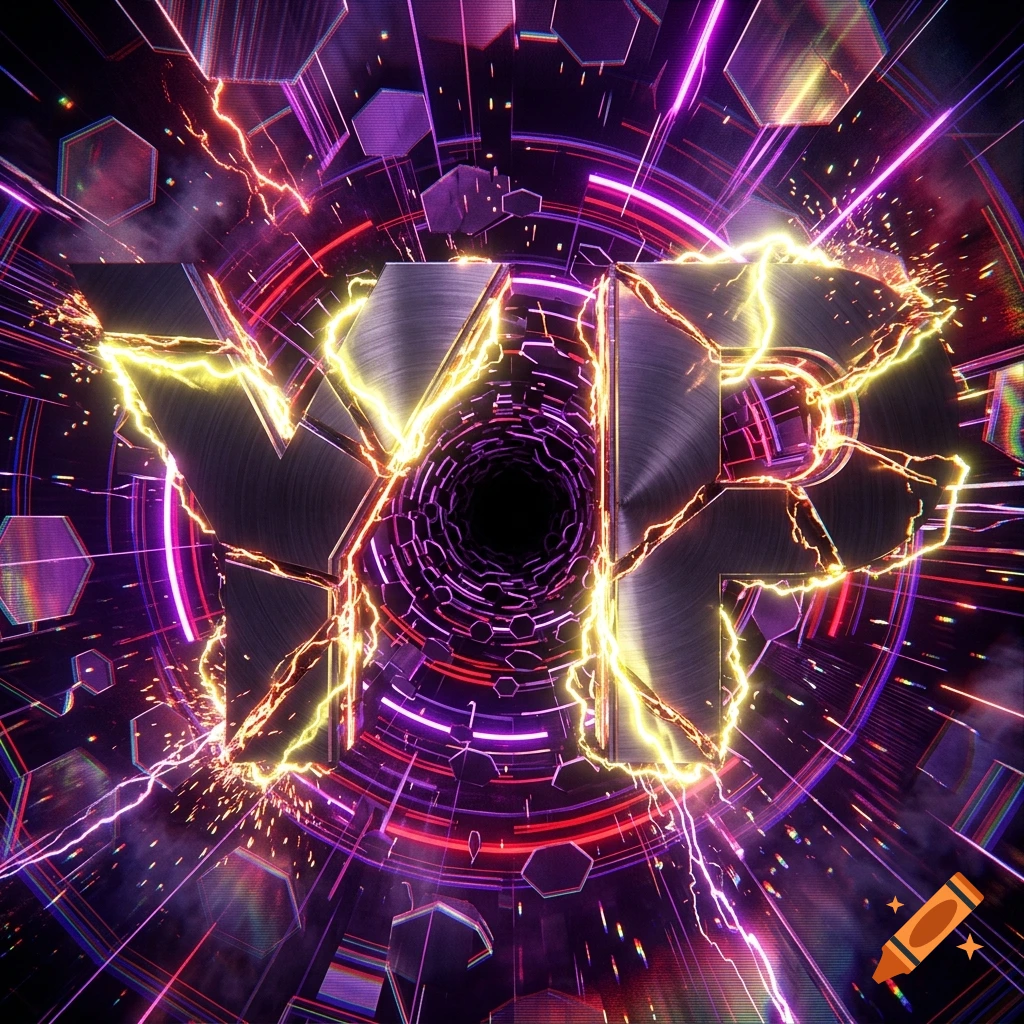 3D cyberpunk composition featuring massive metallic letters Y and P cracking with electric energy inside a glowing neon tunnel.