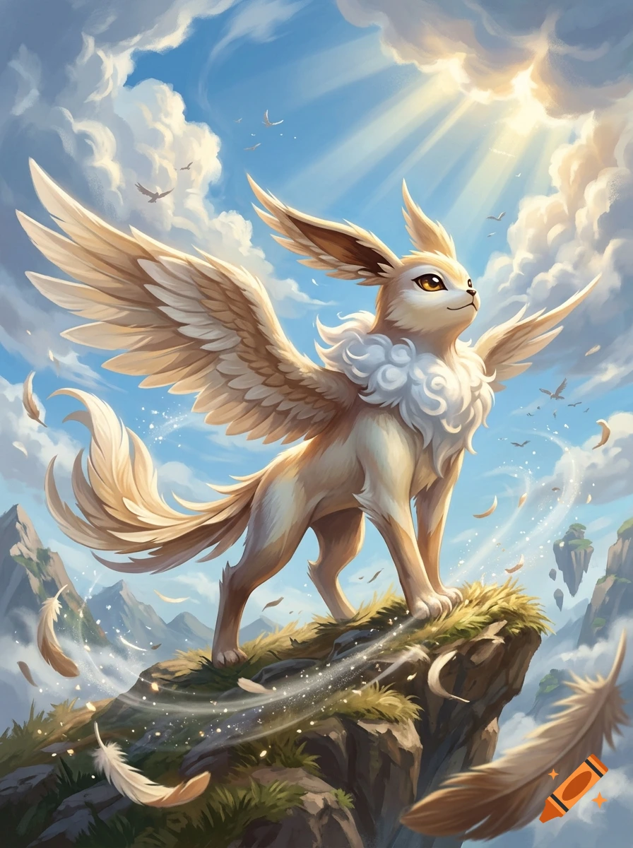 A winged creature resembling Eevee stands triumphantly on a mountain cliff under a sunny sky with clouds.