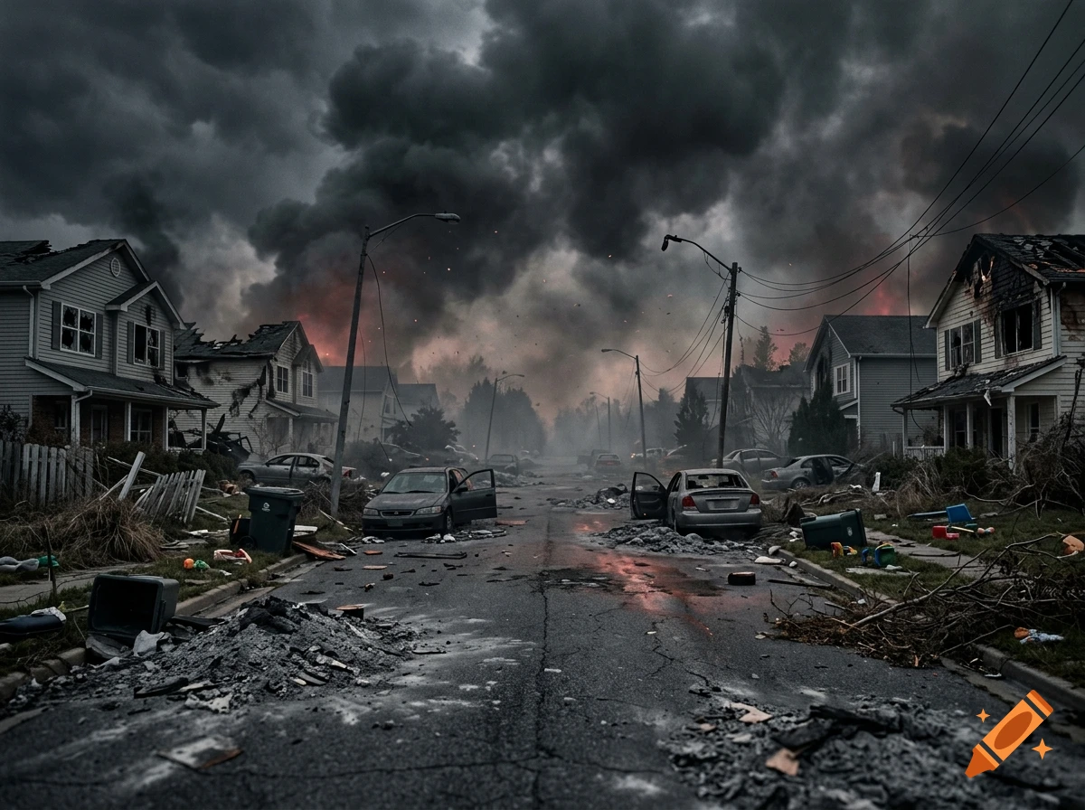 A desolate suburban street heavily damaged by fire and debris under a dark, smoke-filled sky.