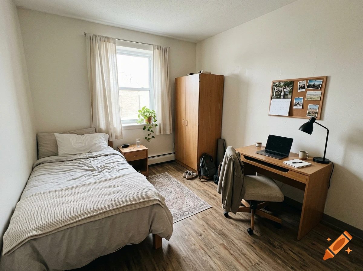 Photorealistic view of a neat dorm room with a single bed, wooden wardrobe, desk, laptop, and corkboard.