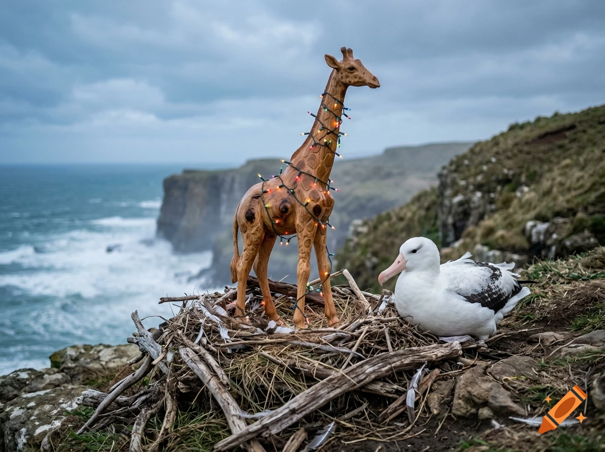 Photorealistic image of a carved wooden giraffe decorated with colorful Christmas lights standing in an albatross nest on a coastal cliff.